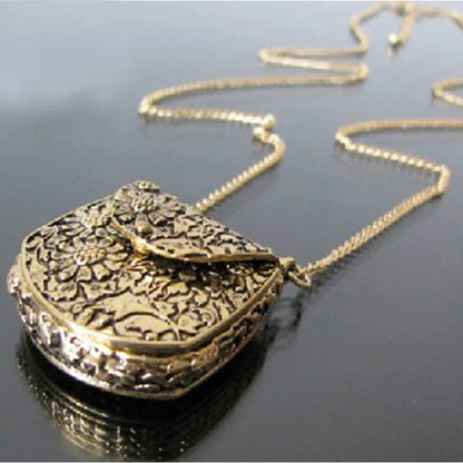 Unique Bag Box Shape Carved Locket Pendant Long Chain Necklace