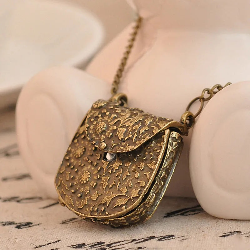 Unique Bag Box Shape Carved Locket Pendant Long Chain Necklace