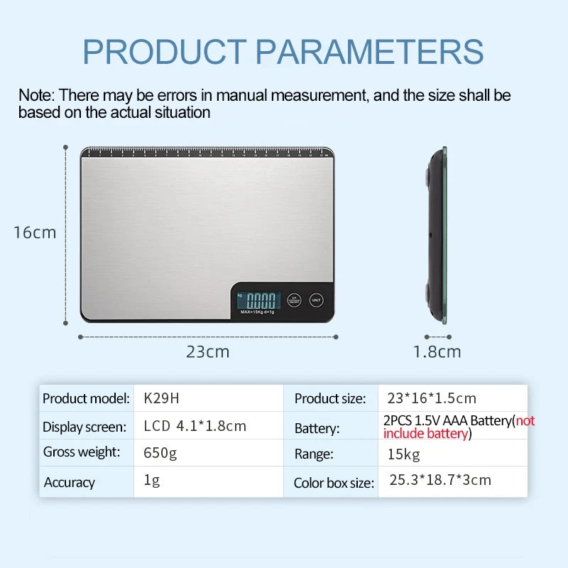 15Kg 1g Digital Kitchen Scale Stainless Steel Weighing Food scale